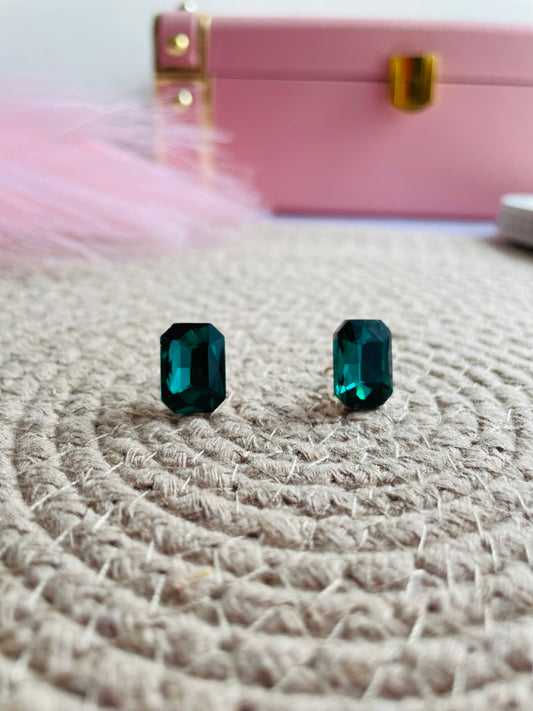 Emerald Green Stud Earrings – Gold Tone with Deep Green Crystal | Mishkarah Minimalist, Royal, Anti-Tarnish Jewellery for Everyday & Festive Glam