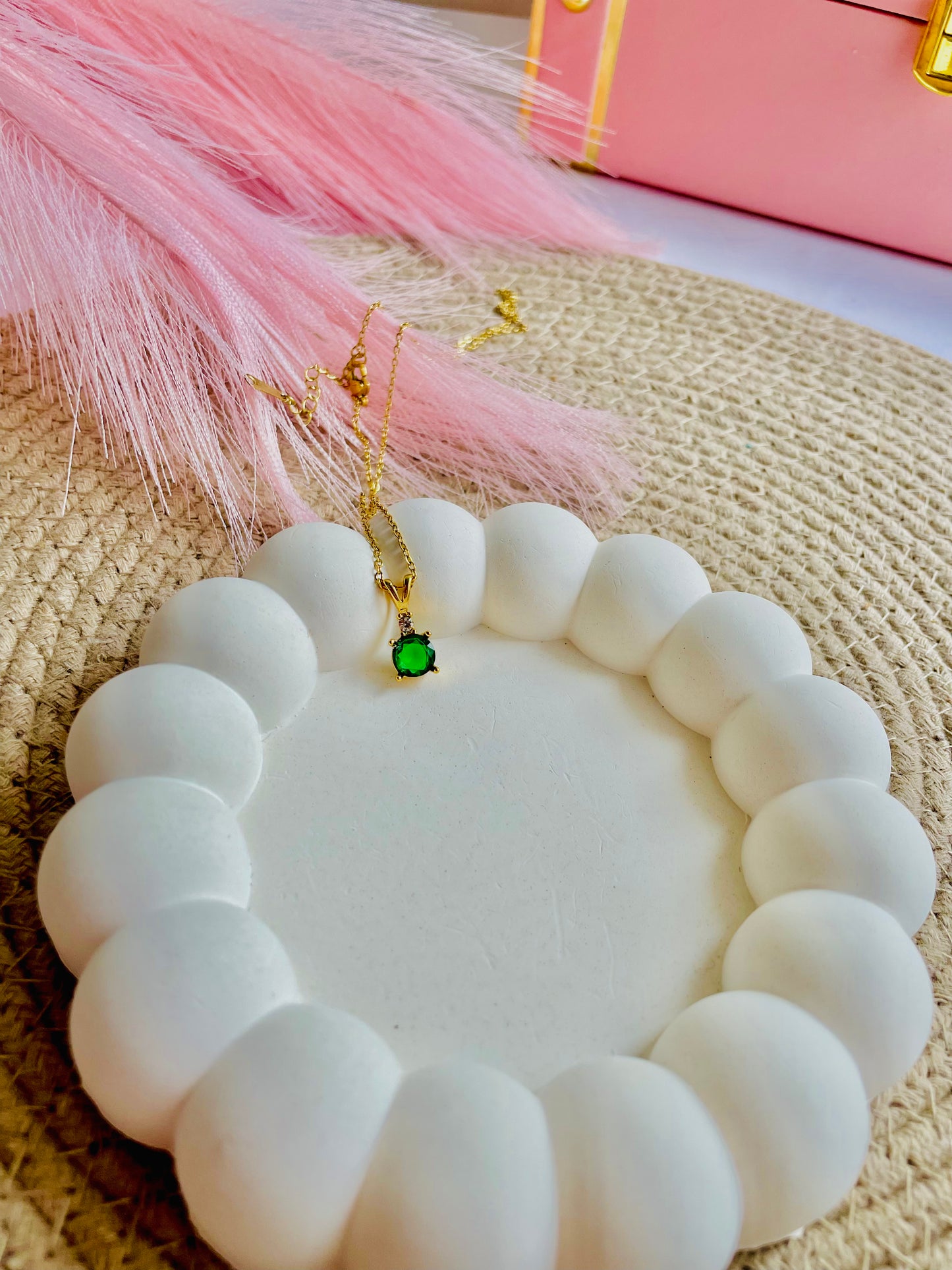 Emerald Green Pendant Necklace | Anti-Tarnish Minimal Gold tone Chain for Women | Elegant Birthstone Jewellery