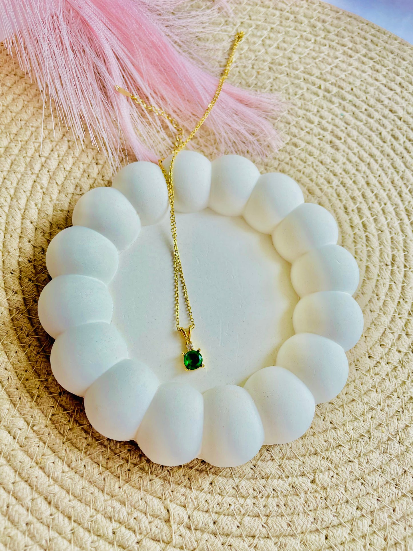 Emerald Green Pendant Necklace | Anti-Tarnish Minimal Gold tone Chain for Women | Elegant Birthstone Jewellery